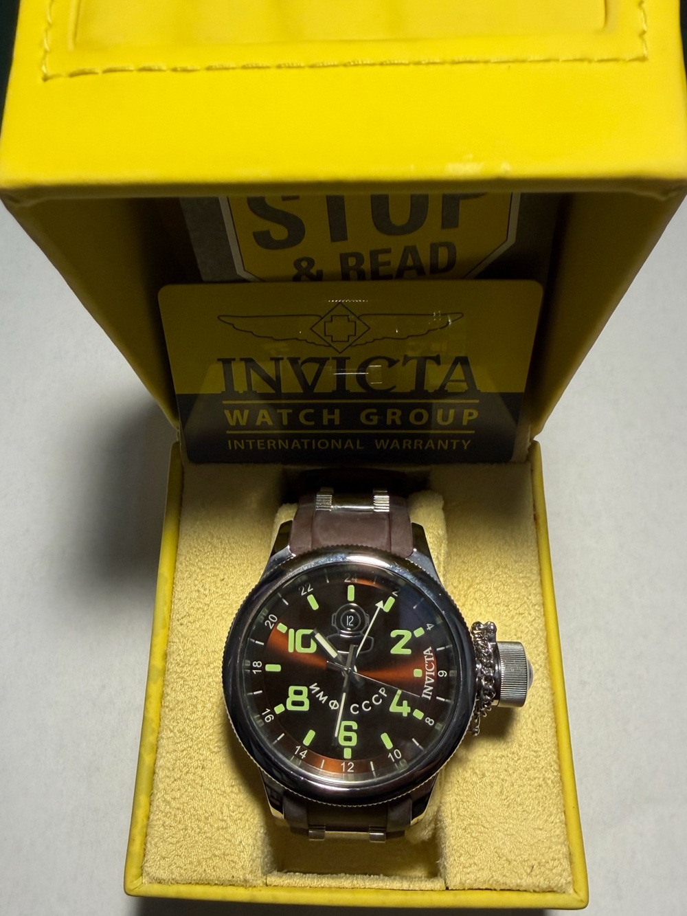 Invicta Men's Brown Rubber Strap Watch with Green Luminous Dial Accents